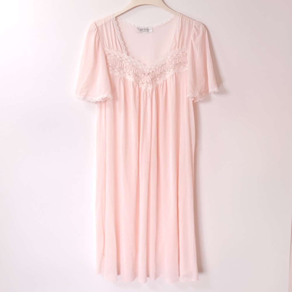 Miss Elaine Pink Nylon Lace Trim Nightgown‎ Flutter Sleeve Sleepwear M